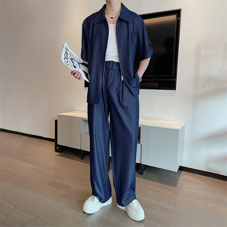 夏季网红时尚天丝牛仔中袖衬衫男套装时尚裤子两件套潮TZ259-P140图片