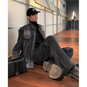 条纹衬衫男春秋款毛边宽松夹克设计感长袖衬衣外套休闲 JK001图片