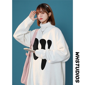 中性22冬季时尚潮流设计感W字母印花可翻高领套头毛衣M953P55控78图片