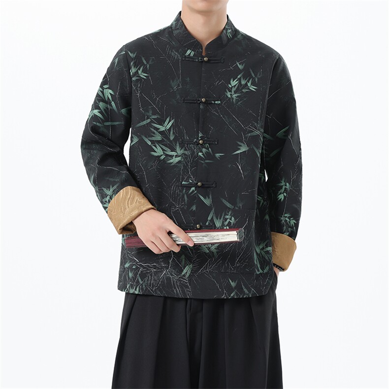 竹叶印花长袖外套新中式立领夹克唐装大码中山装1910-P100,男装夹克,电商B378（原B341）