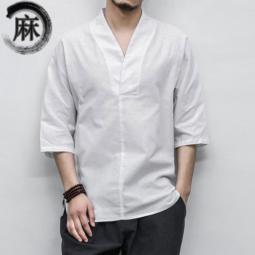 风棉麻V领亚麻短袖中式汉服唐装七分袖衬衣亚麻衬衫M113P40，男装T恤，钱塘788(原4013)
