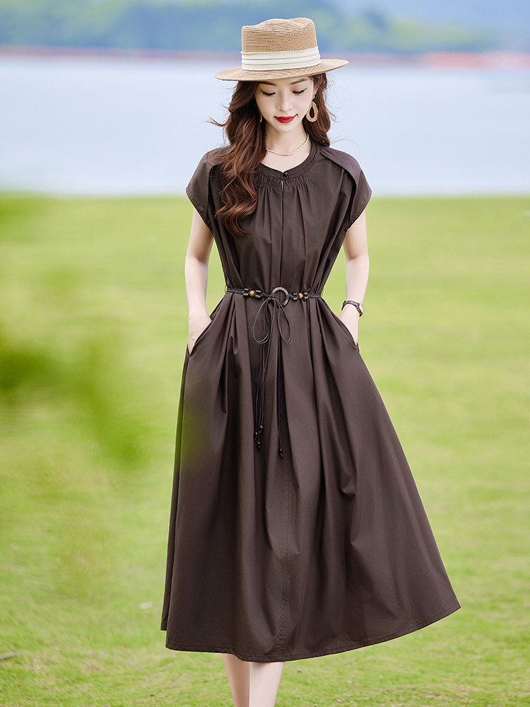 天丝棉连衣裙女夏轻奢高级感时尚洋气收腰遮肚子减龄显瘦衬衫裙子,女装连衣裙,靓衣阁