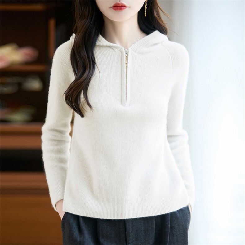 半拉链帽衫女100纯羊毛针织衫欧货高端连帽厚打底卫衣显瘦毛衣图片