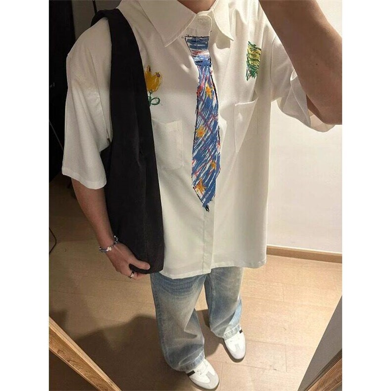 设计感领带涂鸦白色衬衫短袖男女夏季趣味学院风衬衣WLC544-P35图片