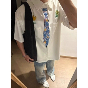 设计感领带涂鸦白色衬衫短袖男女夏季趣味学院风衬衣WLC544-P35图片
