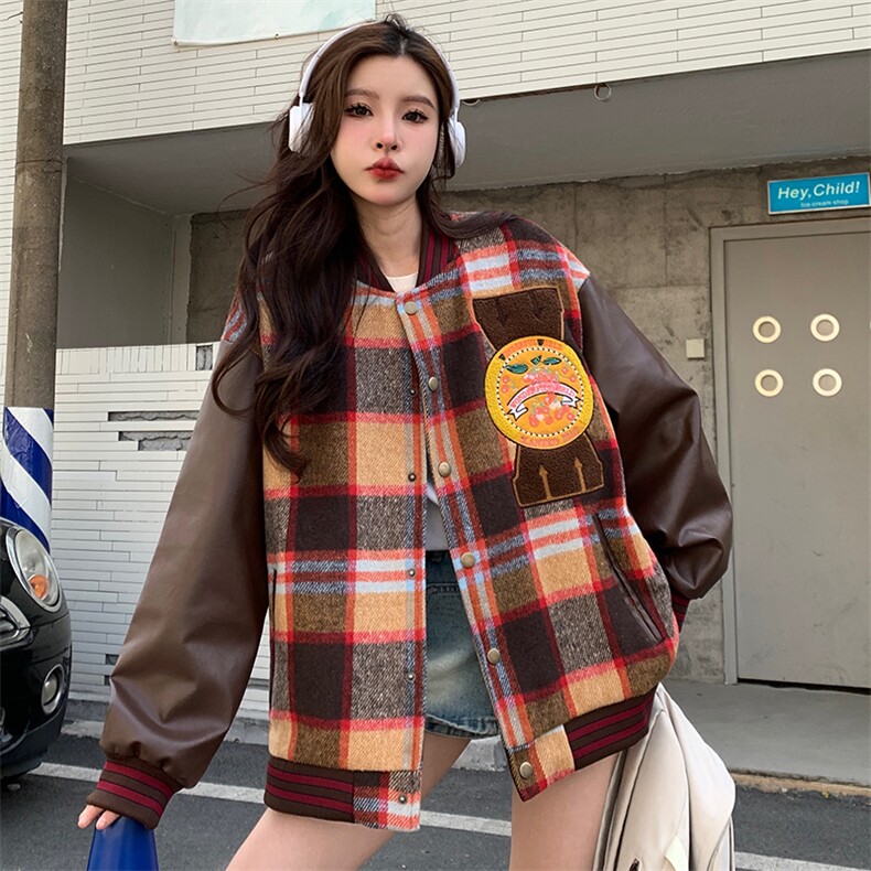 秋季新款复古港味格子棒球服外套女长袖宽松刺绣棒球服C341-90,女装短外套,星座911-2(原星座613-2）