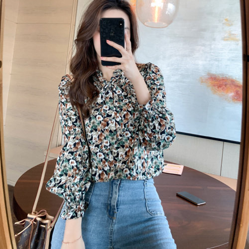 2021早秋装新款碎花衬衫女设计感小众系带上衣立领长袖雪纺衫，女装蕾丝衫/雪纺衫，潮品会