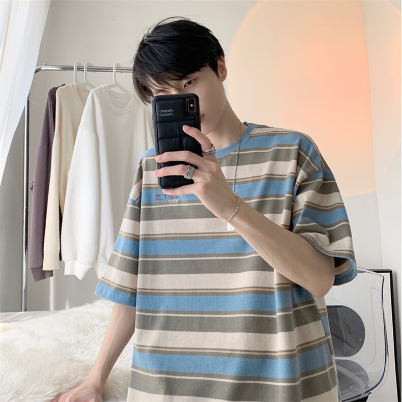 C396-P382024夏季新款撞色彩虹条纹t恤男潮牌百搭宽松短袖现货,男装T恤,星座512-6