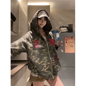 美式复古迷彩刺绣开衫连帽卫衣2025新款春秋宽松休闲情侣装外套图片