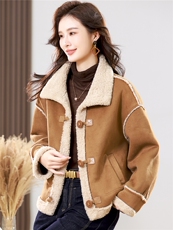 2025冬季时尚简约大方气质优雅显瘦休闲百搭潮流皮毛一体外套，女装羊羔毛/颗粒绒，独衣靓
