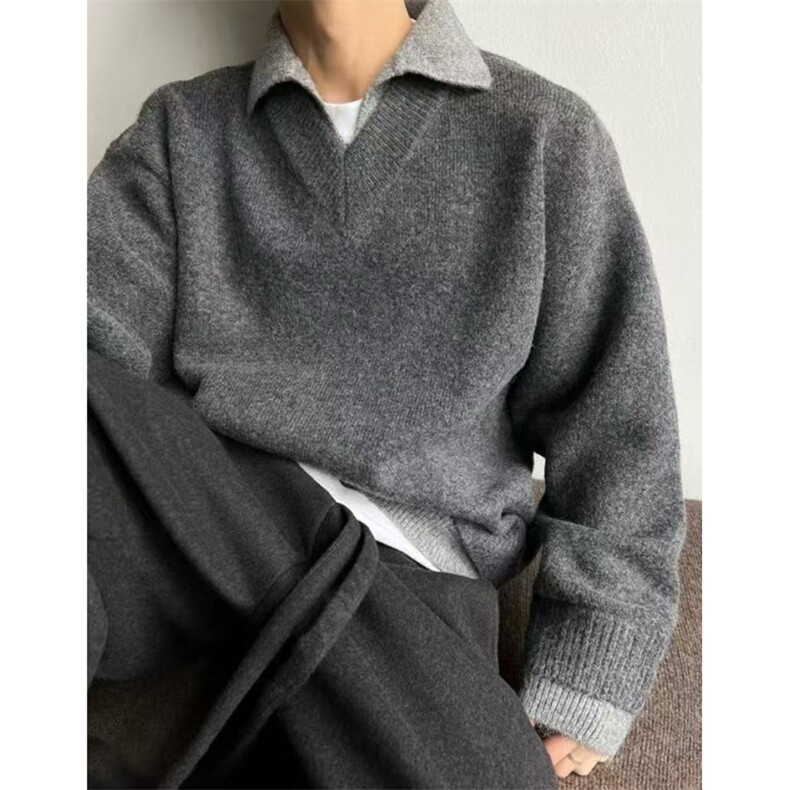 假两件v领毛衣男款冬季翻领老钱风针织衫上衣慵懒风外套MY5012,男装针织衫/毛衣,星座1116A（原606A-3）