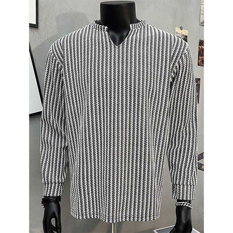 美式高街千鸟格子长袖T恤男女亨利V领英伦雅痞休闲宽松长袖打底衫，男装T恤，电商A443