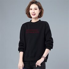 2024韩版圆领上衣女秋冬宽松显瘦长袖英文印花加绒套头卫衣，女装卫衣/绒衫，曼沙奕珂