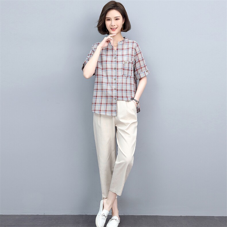 时尚套装女夏装两件套棉麻格子衬衫洋气矮个子显高减龄亚麻休闲裤,女装套装/套裙,忆绮罗
