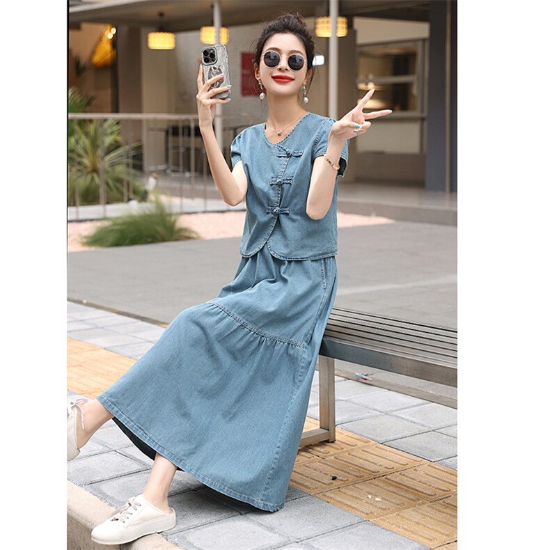 《48H发》时尚复古盘扣拼接牛仔两件套套裙,女装套装/套裙,婷轩阁