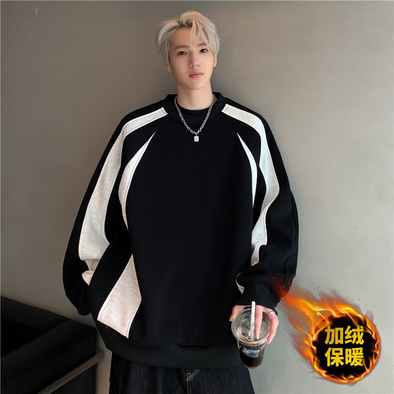 秋冬新款撞色拼接重磅加绒卫衣男圆领简约打底衫MY085-P60,男装卫衣,电商C307