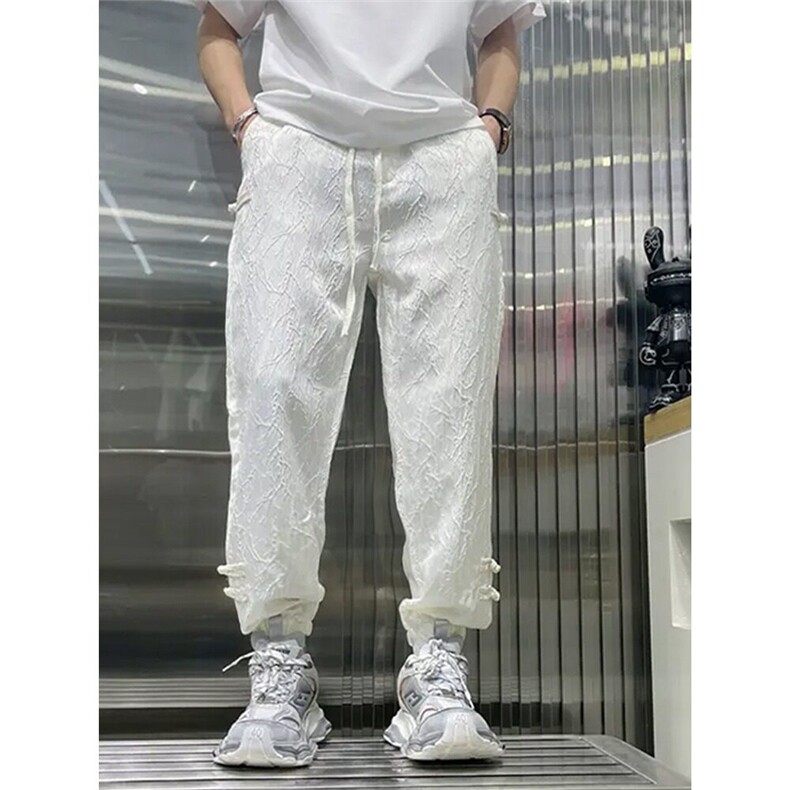 夏季风休闲裤男女同款宽松哈伦裤潮流纯色九分裤盘扣束脚运动裤,男装休闲裤,星座506A