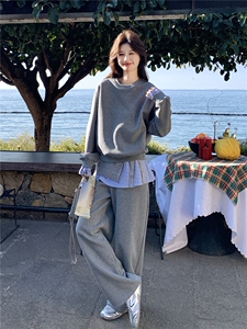 韩系慵懒休闲风格纹拼接卫衣套装女2026春季阔腿裤时尚减龄两件套图片