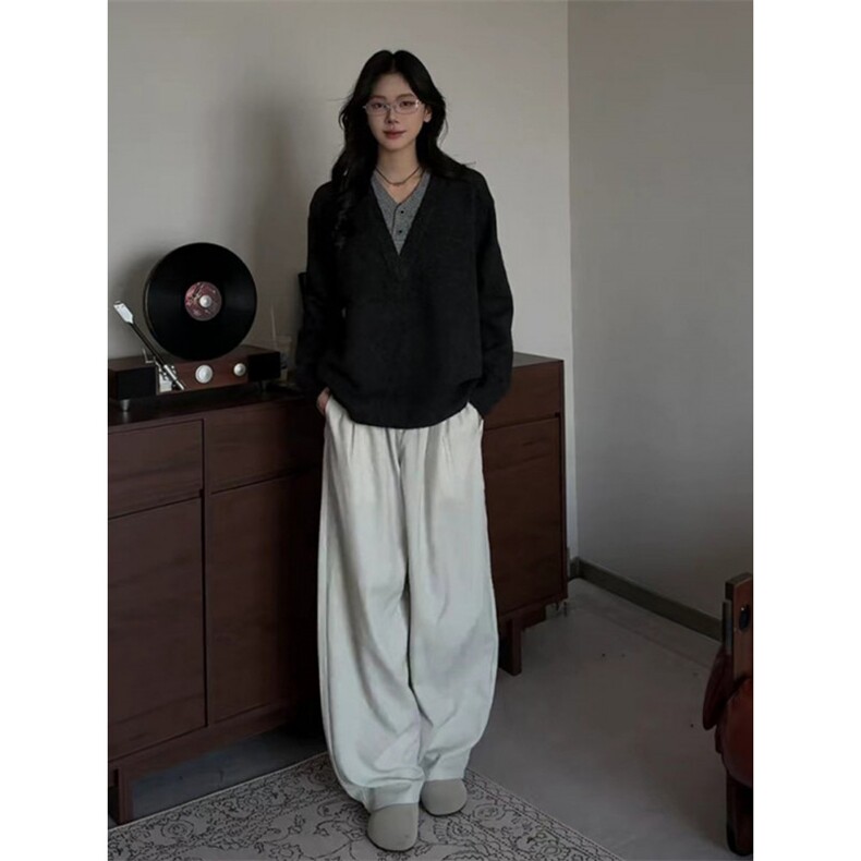 灰色假两件毛衣男女款秋冬美式复古慵懒风高级感情侣深V领针织衫,男装针织衫/毛衣,星座506A
