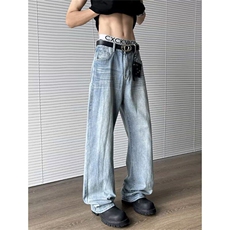 竹节纹牛仔裤男女韩版潮流高街帅气2025夏季ins长裤RK2806-P49，男装牛仔裤，星座412-2