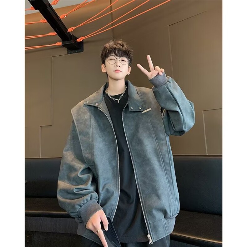 F443P80美式复古扎染PU皮衣外套男春秋款短款机车服高,男装皮衣,星座512-6