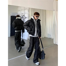 现货5W件冬季三防重磅硬挺boxy短款羽绒立领PU皮棉衣外套加厚棉服，男装棉衣，电商A443