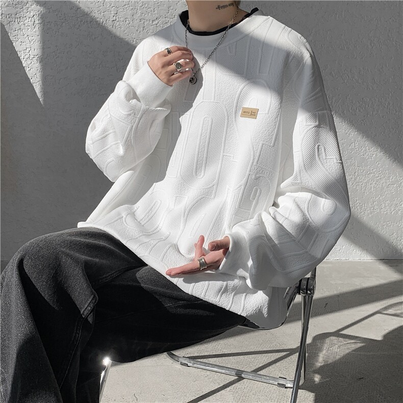 春季新款大字母提花圆领假两件潮流T恤上衣休闲卫衣YY6877-P45，男装T恤，电商C216