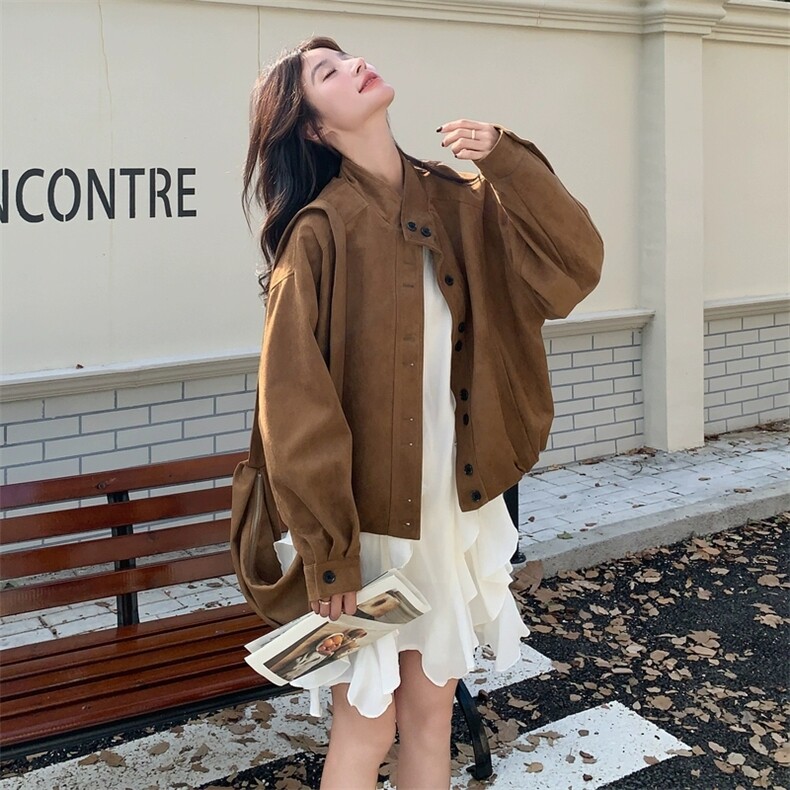 计感小众配包包上衣棕色立领麂皮绒短外套女秋,女装短外套,2C259