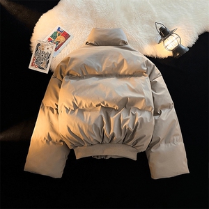 现货5W件冬季三防重磅硬挺boxy短款羽绒立领PU皮棉衣外套加厚棉服图片