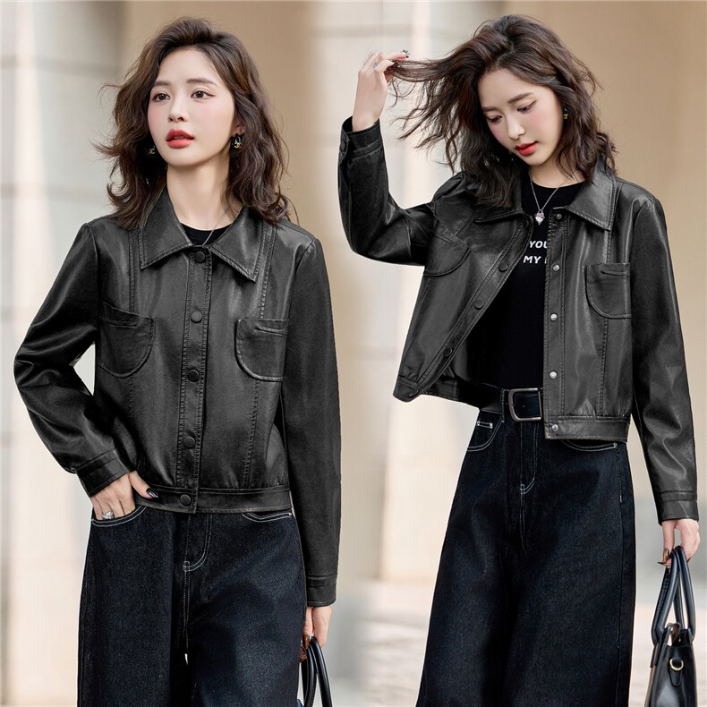 2025秋季新款翻领是谁潮流皮衣外套机车服,女装皮衣,1C078