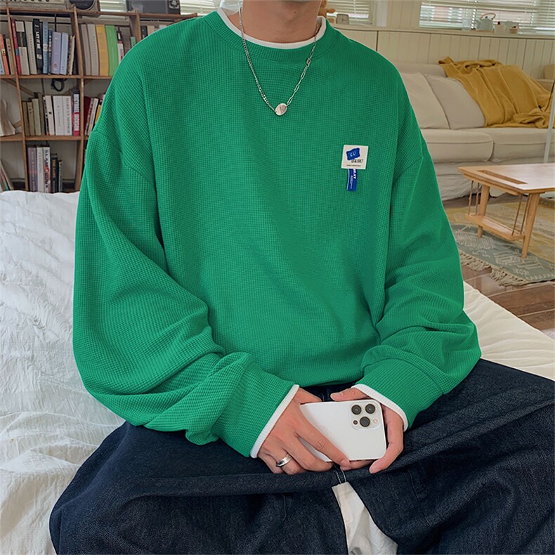 HQ1166-TP35-控价48假两件华夫格上衣男生港风秋季新款贴标卫衣,男装卫衣,电商A102-1