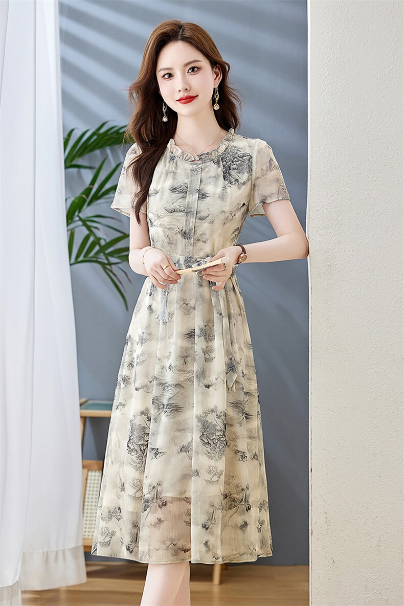 雪纺连衣裙夏季2025新款衣服大码女装高级感高端精致气质碎花裙子,女装连衣裙,牡丹诺