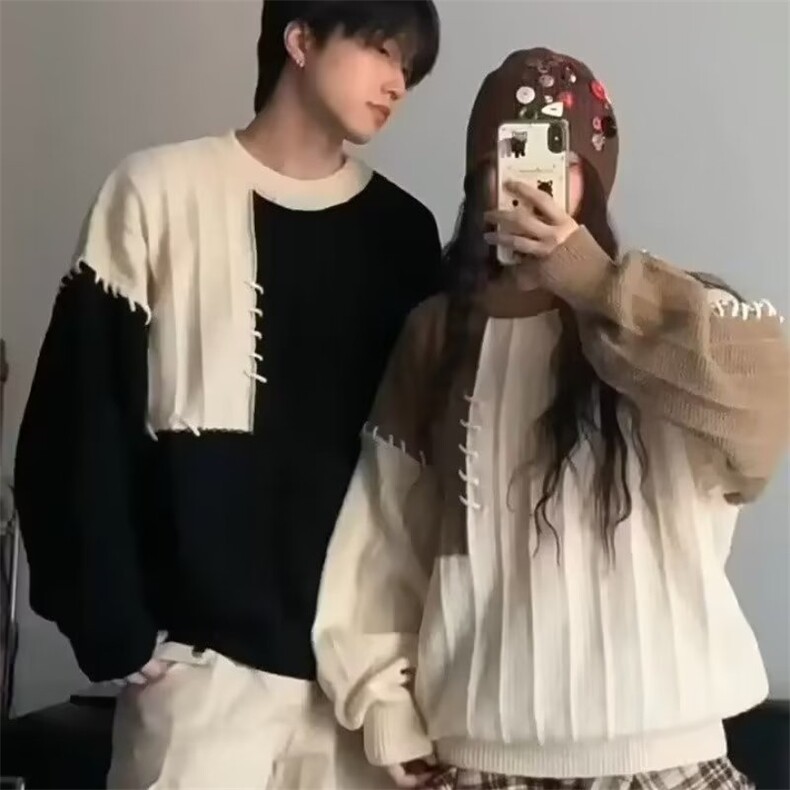 设计感拼接撞色毛衣男女秋冬季宽松休闲小众套头情侣针织衫上衣图片