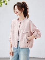 2026年春季宽松毛线拼接圆领菱形格棒球服短外套上衣，女装短外套，简韵佳