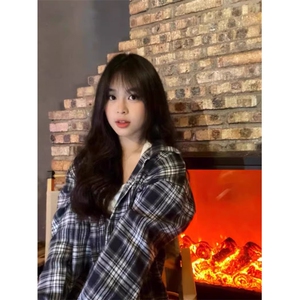 TC1002-P45韩式复古长袖格子衬衫外套女春秋季小众宽松百搭翻领潮图片