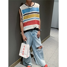 针织背心男拼色高街帅气夏季个性2024新款ins宽松马甲W4909-P35，男装背心/马甲，星座412-3