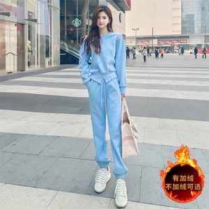 气女春季新款韩系圆领订扣设计感卫衣束脚裤两件套图片