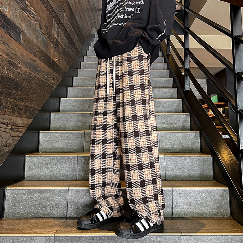8XL-M 特大码加厚毛呢料格子休闲裤宽松直筒长裤子男裤毛呢裤K946图片