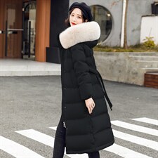 2021冬季新款时尚系带收腰显瘦气质真毛领长款连帽羽绒服,女装羽绒服,贵人树