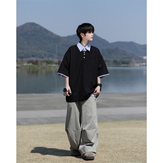 8XL-M假两件衬衫领短袖T恤大码夏季条纹拼接polo衫半袖DX1211/P45，男装T恤，电商B238