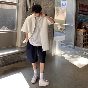 港风华夫格短袖衬衫男大码金属纽扣装饰短袖衬衣DCS8769P45控68图片