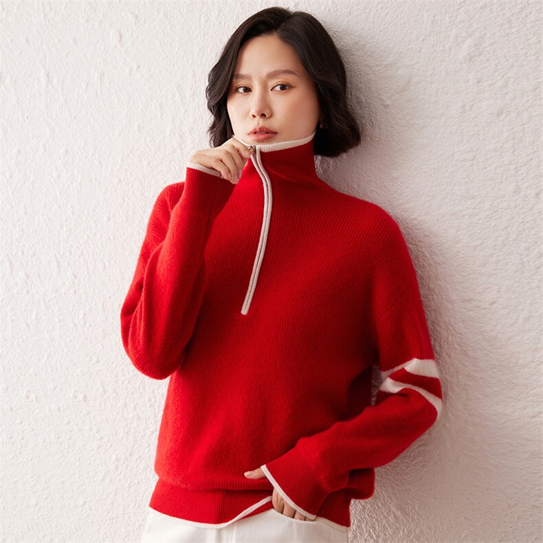 2024秋季新款半拉链翻领长袖女士35%羊绒套头衫通勤百搭,女装羊绒衫,雪真羊绒高端店