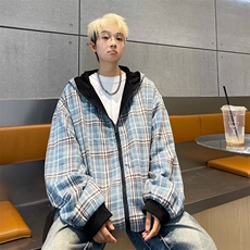 双面穿格子开衫卫衣男冬2024新款潮牌宽松休闲连帽外套W6241-P61，男装夹克，星座412-2