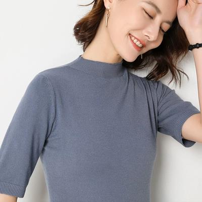 25春夏新款圆领五分袖套头羊绒短袖毛衣女宽松半袖针织打底衫薄款图片