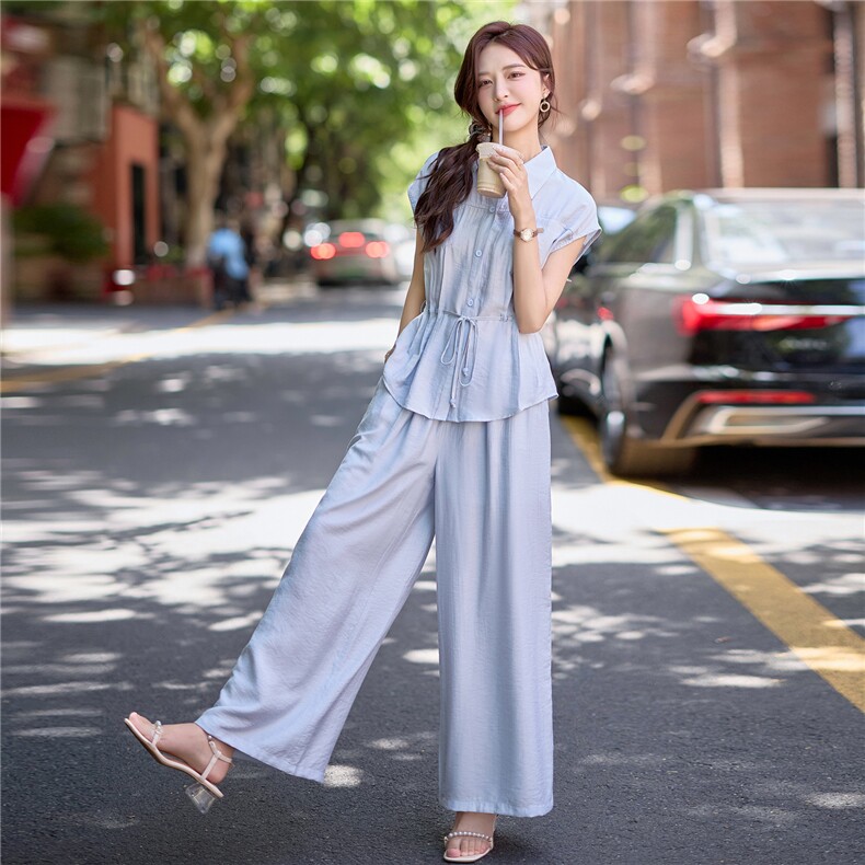 时尚套装女2025夏季新款韩系高级感气质减龄衬衫上衣阔腿裤两件套,女装套装/套裙,难舍钰依