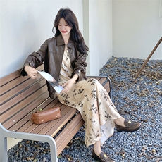 美拉德气质套装女2025秋季新款复古皮衣外套碎花吊带连衣裙两件套，女装套装/套裙，2D014