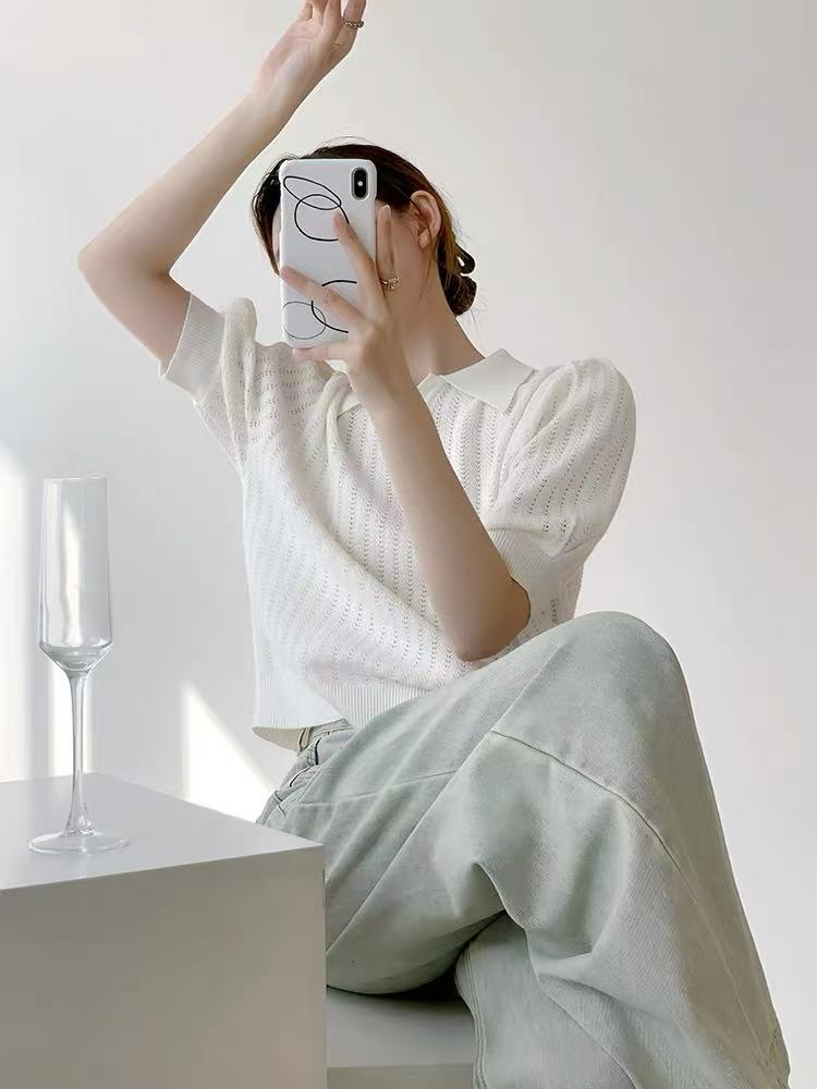 法式镂空polo短袖针织衫女夏薄款白色正肩T恤泡泡袖上衣收腰短款,女装T恤,百纯羊绒