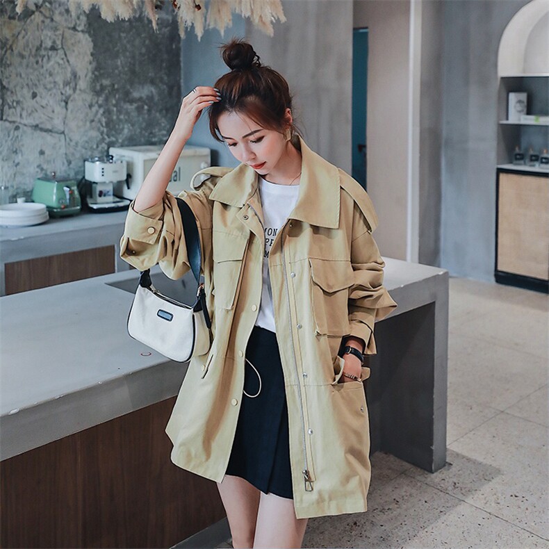 原创韩版宽松百搭中长款风衣多口袋工装抽绳166-1055P125控178，女装风衣，茜茜公主