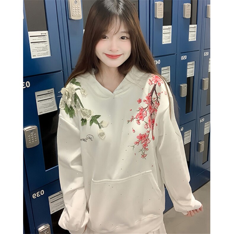 立体花卉刺绣连帽卫衣女秋冬加绒加厚美式重磅帽衫 WK3231图片
