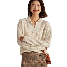 秋冬季羊绒休闲百搭时尚7针镂空吊目半开翻领羊绒衫，女装羊绒衫，英集羊绒